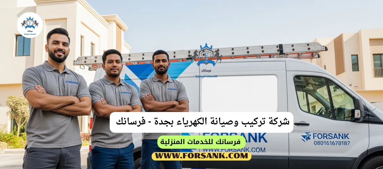 شعار شركة فرسانك مع صورة خلفية لفريق عمل كهربائي محترف في جدة
